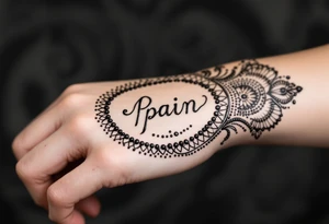 Indian style Henna tattoo for the inner wrist include the word pain in small font tattoo idea