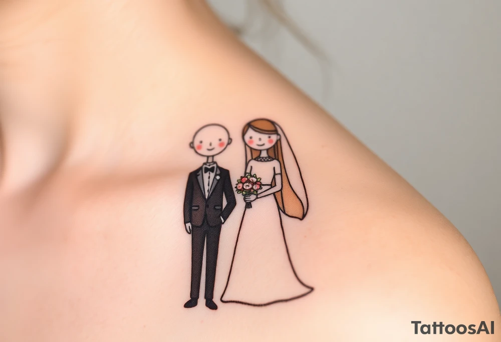 A softly shaded vintage-style illustration of a bride and groom, with sepia tones for an old-world charm tattoo idea