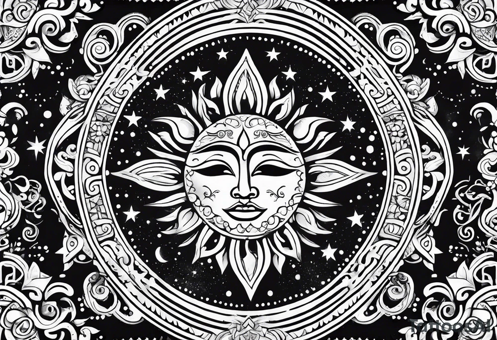 Mexican Sun and moon. long rectangular sternum swirls and dots and stars tattoo idea