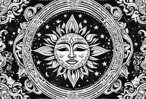 Mexican Sun and moon. long rectangular sternum swirls and dots and stars tattoo idea