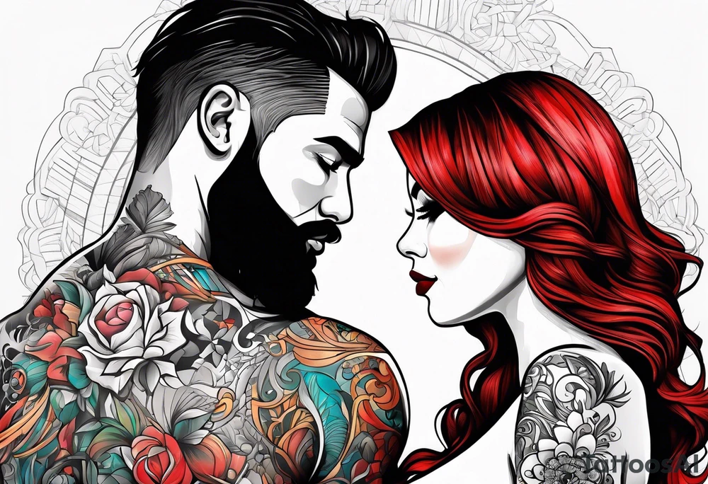Busty red hair woman with bearded black hair man tattoo idea