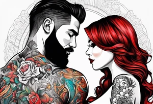 Busty red hair woman with bearded black hair man tattoo idea