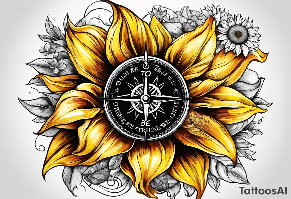 Sunflower and a compass, with the words "To Thine Own Self Be True" tattoo idea