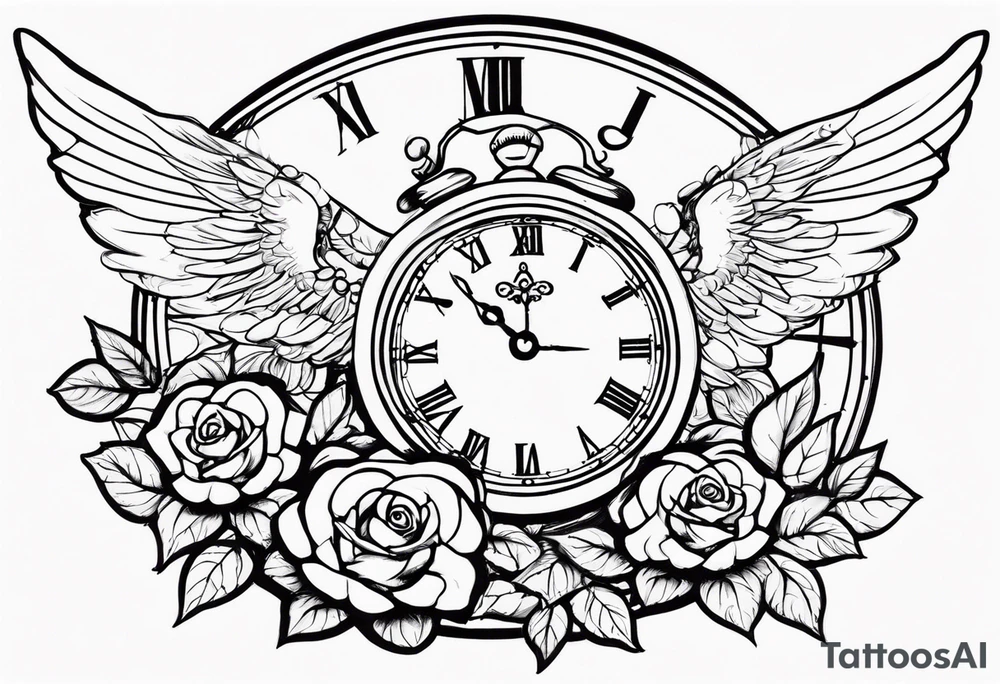 angel, roses, clock, name MARTINA tattoo idea