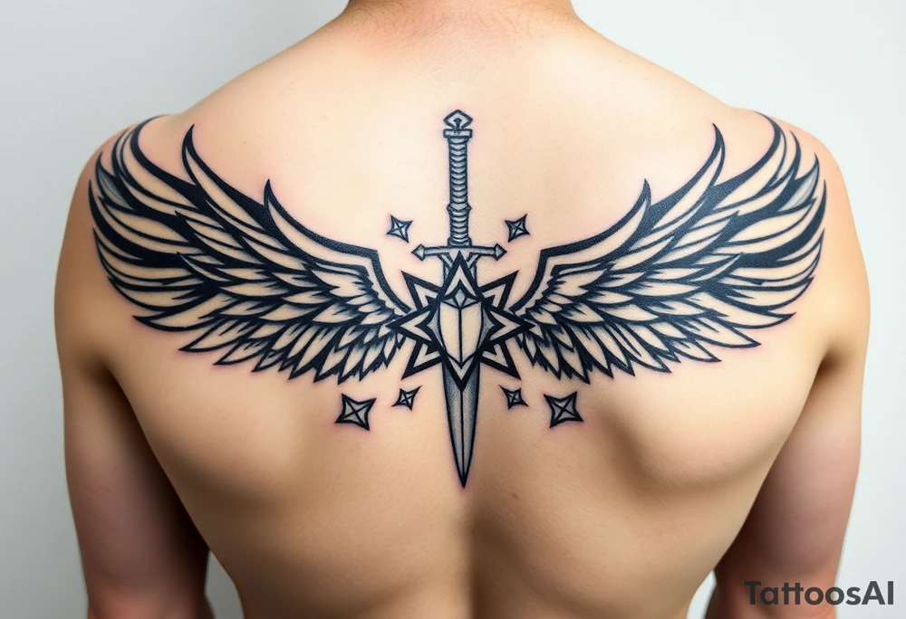 Wings wrapping around surrounding a sword and diamond shaped stars tattoo idea