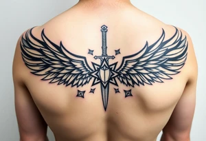 Wings wrapping around surrounding a sword and diamond shaped stars tattoo idea