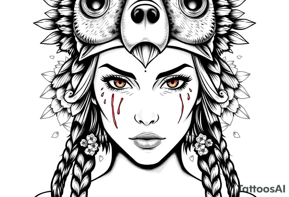 Symmetrical Beautiful Woman, looking forward, with colored eyes, shedding a tear, with battle scars and blood on face, with soft look, wearing a mean looking bear headdress on head, with flower background tattoo idea