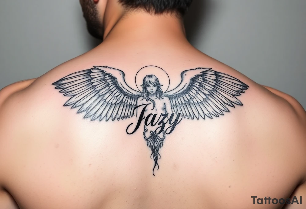 upper shooulder tattoo - Remembrance angel of a deceased best friend with the name Jazy incorporated tattoo idea