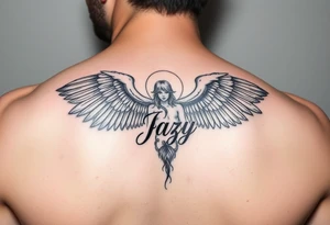 upper shooulder tattoo - Remembrance angel of a deceased best friend with the name Jazy incorporated tattoo idea