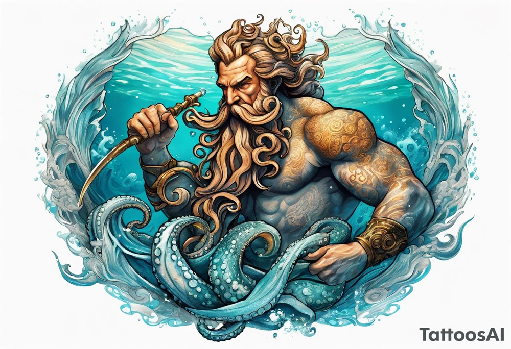 A vicious octopus monster underwater ensnaring the Greek god Poseidon as he thrust his trident tattoo idea