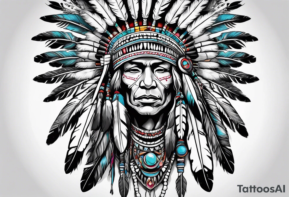 Native American wearing Headress Bones Praying tattoo idea