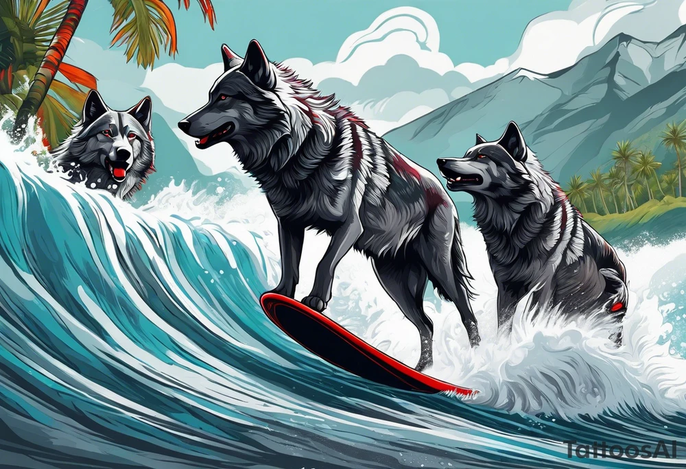 a pack of howling muscular  gray wolves surfing with a tropical background with red white and black and gray tattoo idea
