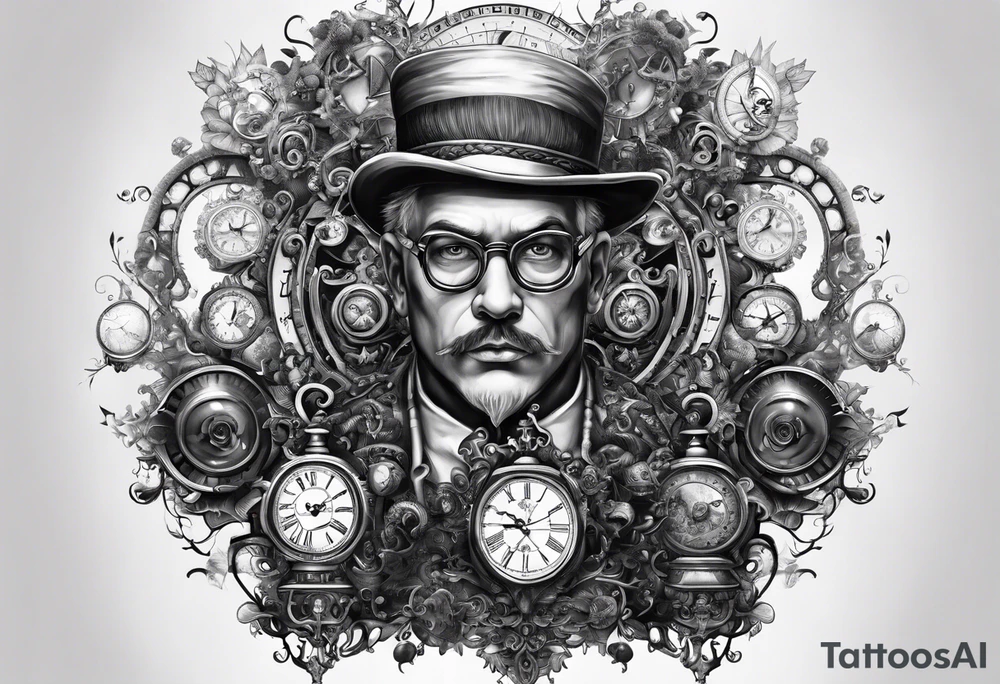 a mad scientist with a head piece made of clocks tattoo idea