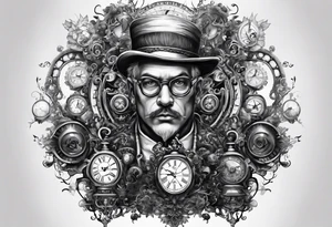 a mad scientist with a head piece made of clocks tattoo idea