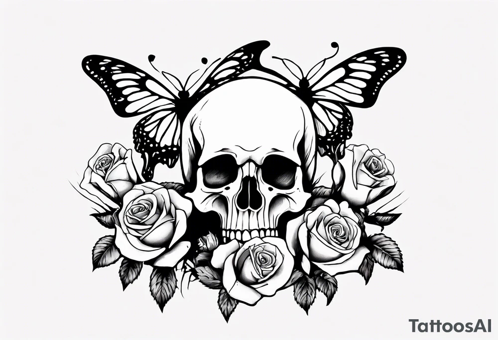 Skeleton hand with roses at the bottom and a butterfly at the top tattoo idea