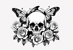 Skeleton hand with roses at the bottom and a butterfly at the top tattoo idea