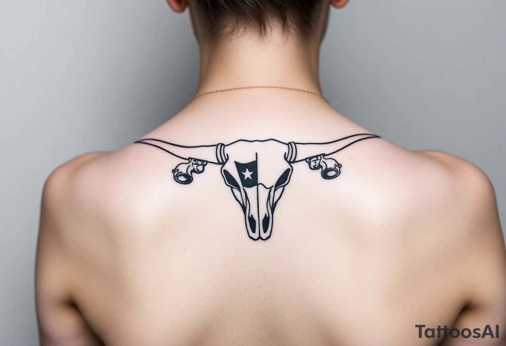 Longhorn skull with revolvers either side and Texas flag tattoo idea