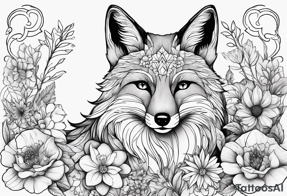 flowers with fox full body thin line tattoo idea