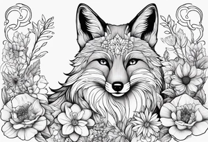 flowers with fox full body thin line tattoo idea