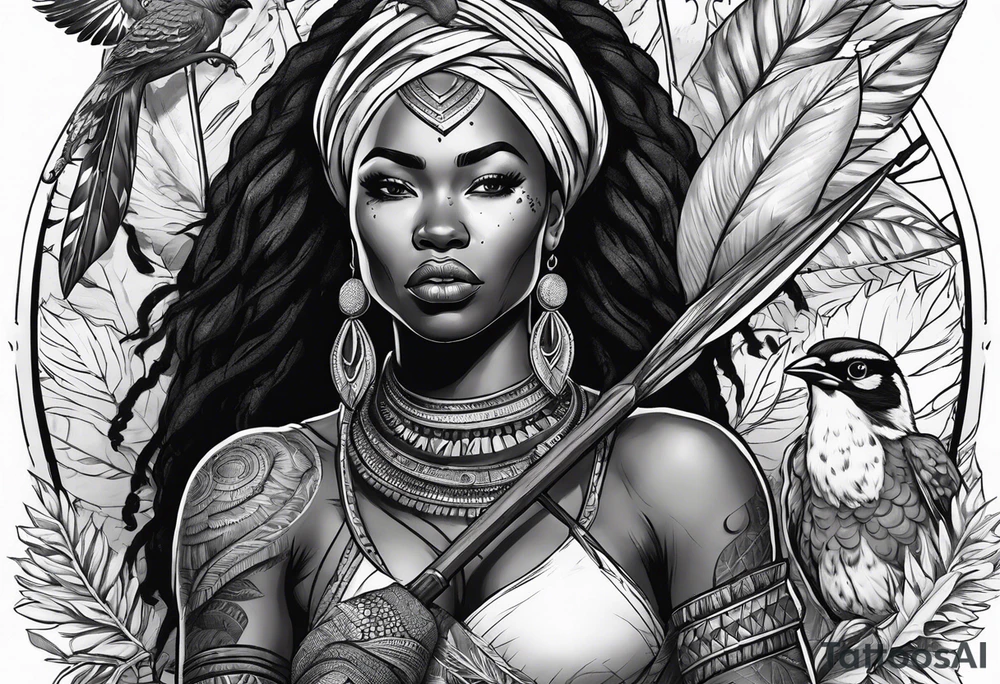 African woman warrior holding a spear with a mean look on her face with birds and leafys in the background and tattoo idea