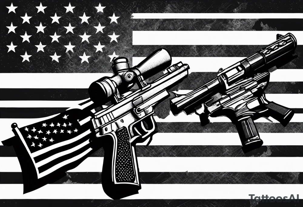 Distressed American flag behind cross with 2 guns leaned on it simple tattoo idea