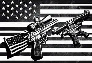 Distressed American flag behind cross with 2 guns leaned on it simple tattoo idea