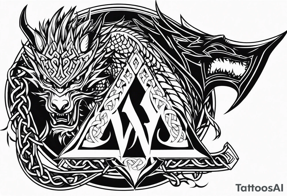 Valhalla sword shield dragon axe Valknut barbed wire chains tribal tattoo idea