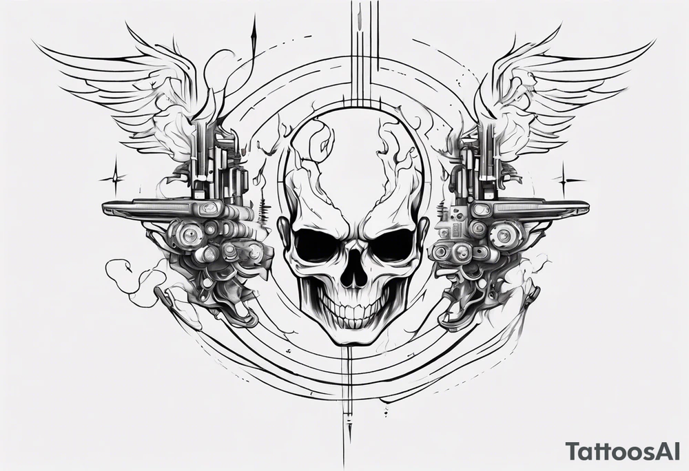 minimalist cyberpunk upper arm design from the shoulder that depicts heaven and hell with neuron projecting downwards. tattoo idea