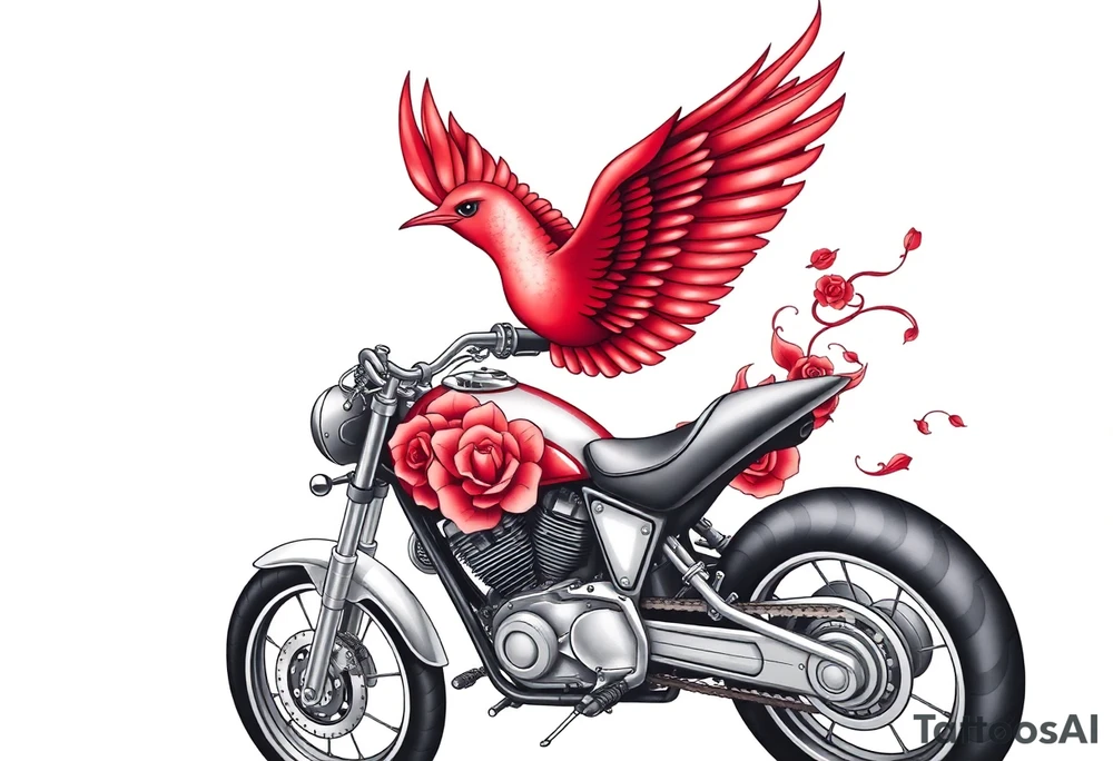 Motorcycle, red bird flying, roses and lace, flames tattoo idea