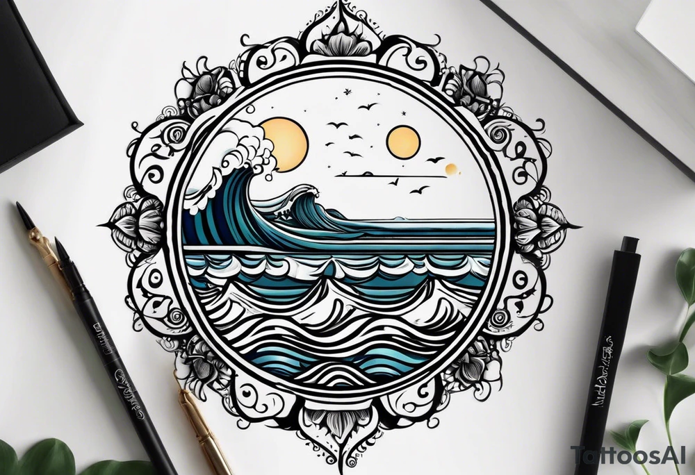my sister's name Nėja and my mum's name Jūratė, I want to make a tattoo for them, I want to illustrate my sister as sun and my mum as ocean (wave or sea). My sister is very happy and always sunshine, my mum is strong and loves ocean. Made it in a circle. sun should radiate happy energy, ocean strong energy tattoo idea