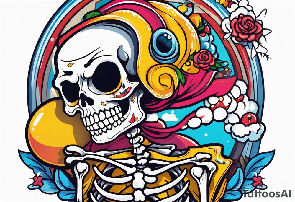 American traditional skeleton with new school sno tattoo idea