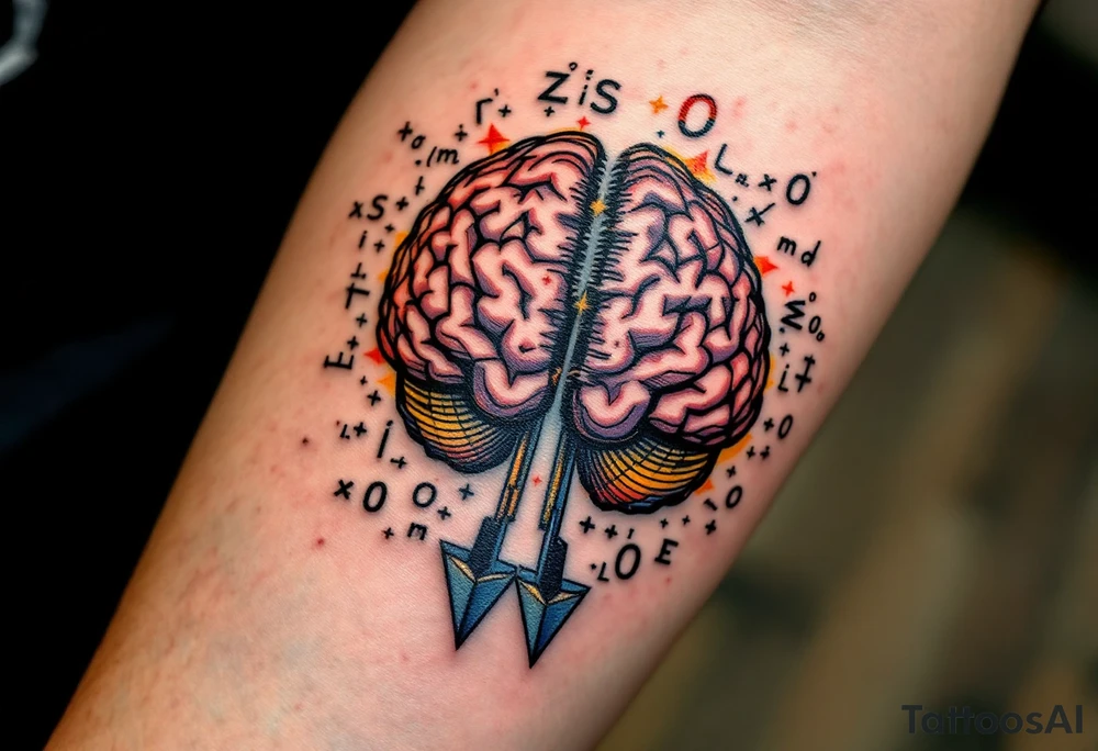 A front-seen brain in geometric and straight lines, math symbols arround. A detailed arrow crosses from below and exit from the top, with its tip desintegrating to represent entropy. Around of the main tattoo, math and physics formulas fill the space, including the formula "ΔS ≥ 0" and the formula "(iδ + m) Φ = 0" tattoo idea
