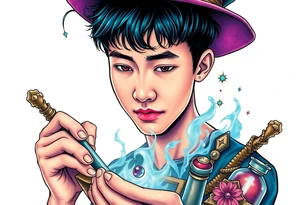 Handsome Asian young adult guy is  accidentally stumbled upon witch tools, supplies, artifacts, potions and exploring it curiously tattoo idea