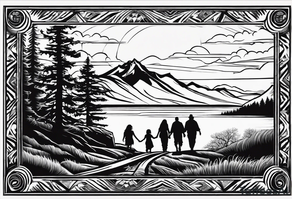 A shadow of a family of four walking through the Pacific northwest landscape. Faith centered and add Mexican tribal  border with importance of faith.
Add crosses and God around the boarder tattoo idea