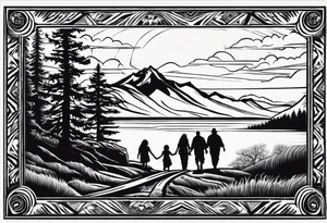 A shadow of a family of four walking through the Pacific northwest landscape. Faith centered and add Mexican tribal  border with importance of faith.
Add crosses and God around the boarder tattoo idea