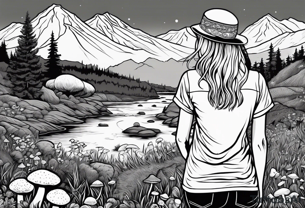 Straight long blonde hair hippie girl in distance holding mushrooms in hand facing away toward mountains and creek surrounded by mushrooms tee shirt and hiking pants tattoo idea