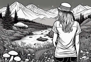 Straight long blonde hair hippie girl in distance holding mushrooms in hand facing away toward mountains and creek surrounded by mushrooms tee shirt and hiking pants tattoo idea