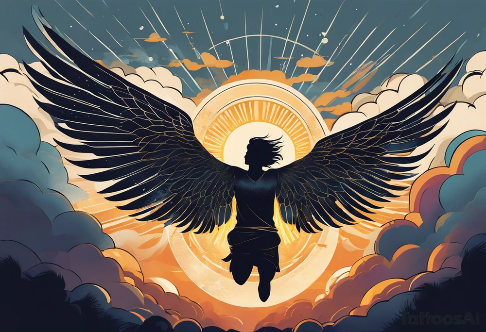 "Create a tattoo design of Icarus with wide, detailed wings, depicted in an ascending flight position. His face reflects a mix of determination and euphoria. The sun shines brightly in the background, symbolizing his ambition. Some feathers from his wings are falling to represent the fragility of his dreams. The design includes dynamic clouds and abstract patterns to add depth and movement, capturing the essence of Icarus's myth while maintaining an artistic and stylized approach." tattoo idea