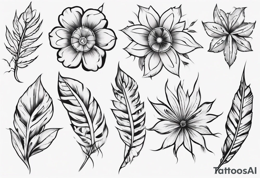 indigenous flower designs along with leaves and big flowers tattoo idea