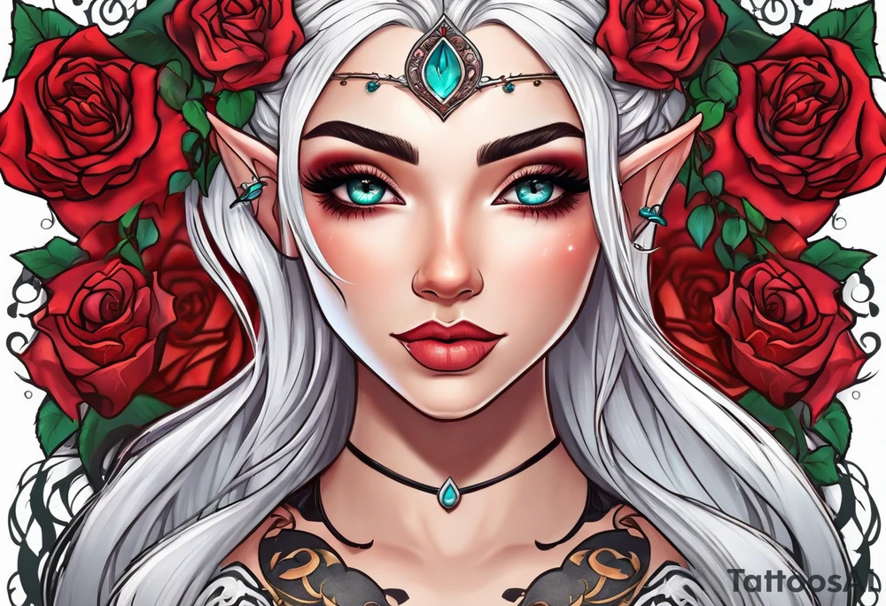 elf princess with white hair, roses, and tattoos under her eyes tattoo idea