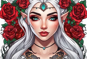 elf princess with white hair, roses, and tattoos under her eyes tattoo idea
