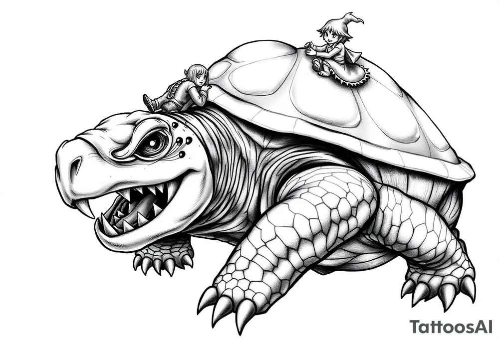 powerful majestic an angry turtle with huge teeth and a tiny hobbit like person riding on the back tattoo idea
