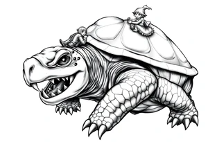powerful majestic an angry turtle with huge teeth and a tiny hobbit like person riding on the back tattoo idea