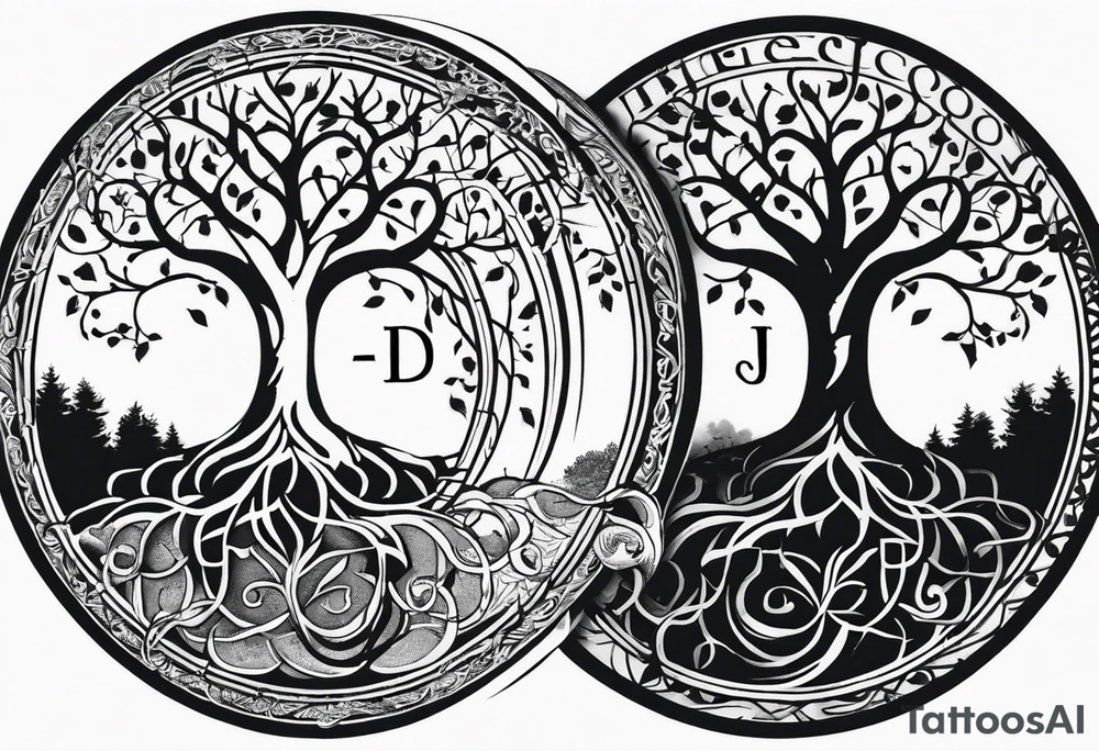 Circular tree of life, with "D3" in the branches, and, "S" and "J" in the roots tattoo idea