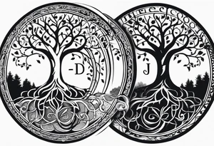 Circular tree of life, with "D3" in the branches, and, "S" and "J" in the roots tattoo idea