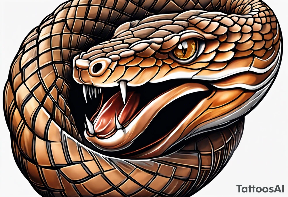 Copperhead coiled up with head turned up and mouth open and copper colored eyes tattoo idea