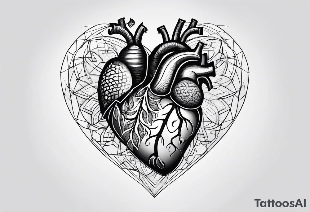 a heart shape with the following inside: brain, travel or plane, family, and other symbols tattoo idea