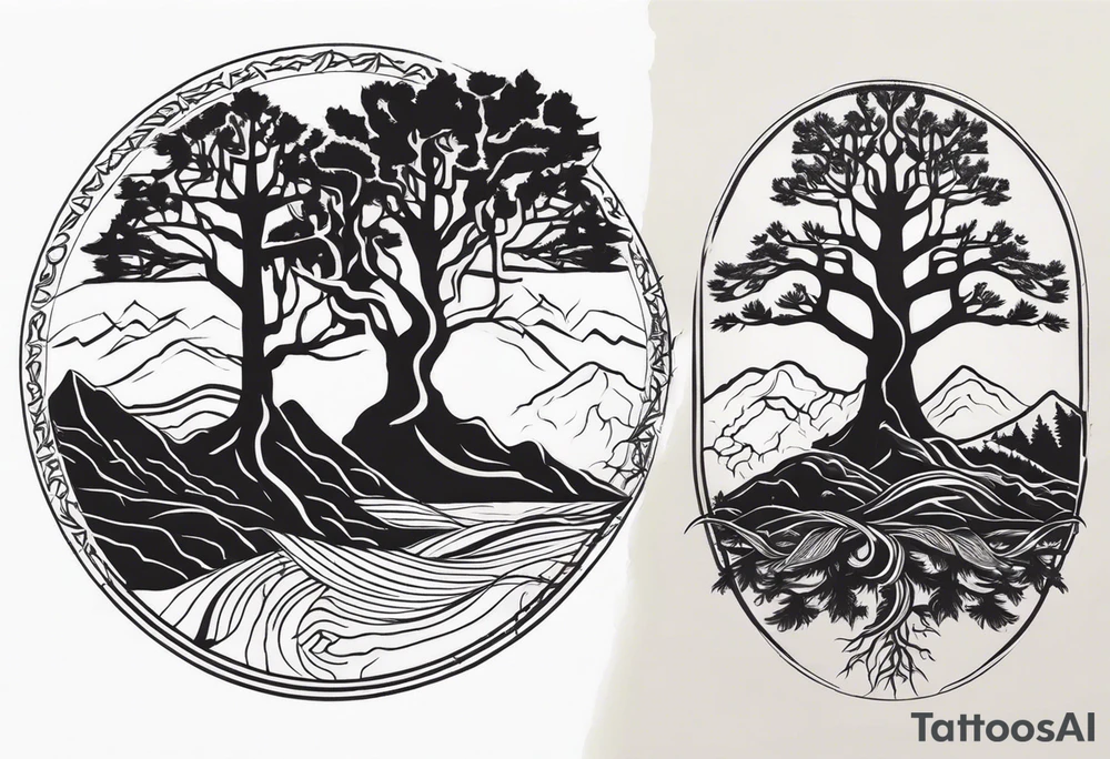 Three mountains three trees with roots tattoo idea