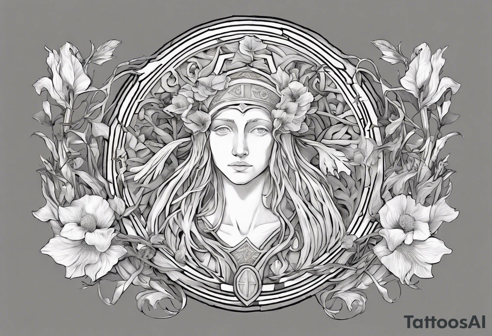 **Design Concept: Athena's Garden**

*Central Focus:*
- Place a small, delicately detailed Athena shield at the central point of the upper chest, symbolizing wisdom and guidance.

*Surrounding Elements:*
- Intertwine the shield with vines that gracefully flow outwards, connecting seamlessly with Vincent van Gogh's Irises tattoo.

*Geometric Accents:*
- Incorporate geometric shapes around the shield and vines, creating a structured and visually appealing framework. The shapes could represent elements like knowledge, strength, and protection associated with Athena.

*Athena's Symbols:*
- Include Athena's spear and olive branch as smaller elements within the vine design. They can be strategically placed to enhance the overall balance and symbolism.

*Van Gogh's Irises:*
- Integrate the irises into the vine design, allowing them to gracefully intertwine. Pay attention to the delicate details of the irises, ensuring they complement the overall aesthetic.

 Consider earthy greens for the vines complemented by subtle purples and blues for the irises.

*Placement:*
- Given the detailed and intricate nature of the design, the upper chest provides a suitable canvas for the tattoo. Ensure the design is scaled appropriately to fit the chosen placement. tattoo idea