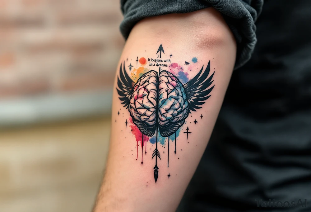Tattoo inspired in the gifted brain in geometric and straight lines, with few watercolor details but mostly black, symbols representing intelligence, creativity and dreaming flying arround, the phrase "It begins with a dream", raven wings behind, and an arrow crossing from above, and watercolors leaking of it tattoo idea